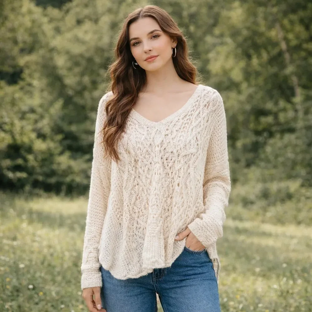 Free People Open Knit Cream Sweater Size XS Boho High Low Lightweight Festival